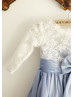 Elbow Sleeves Ivory Lace Blue Taffeta Timeless Flower Girl Dress